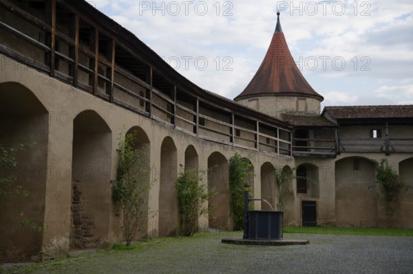 Medieval battlements at Comburg Castle, Benedictine monastery, Way of St James, pilgrimage route,