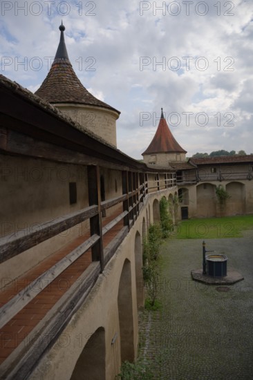 Medieval battlements at Comburg Castle, Benedictine monastery, Way of St James, pilgrimage route,