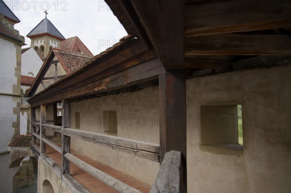 Medieval battlements at Comburg Castle, Benedictine monastery, Way of St James, pilgrimage route,