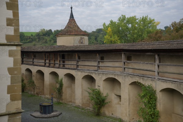 Medieval battlements at Comburg Castle, Benedictine monastery, Way of St James, pilgrimage route,
