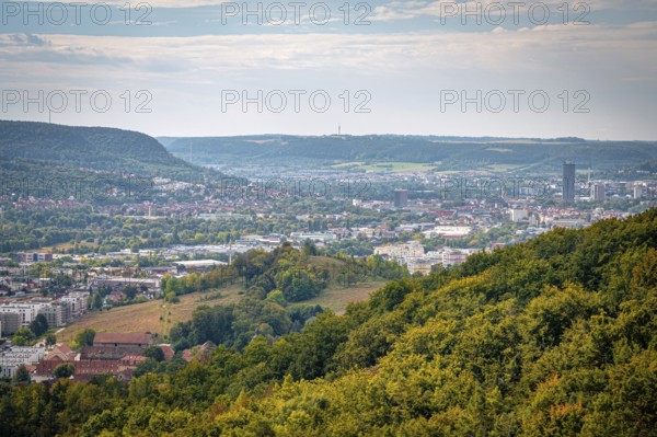 View of the city of Jena and mountains in the background from a wooded hill, Jena, Thuringia,