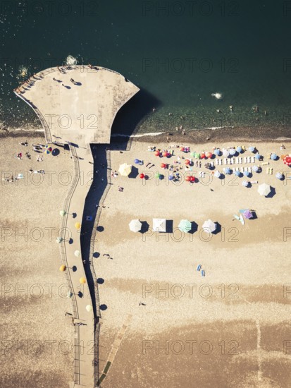 Batumi, Georgia - 15th august, 2025: Aerial top view of Batumi Georgia beach with pier bridge,