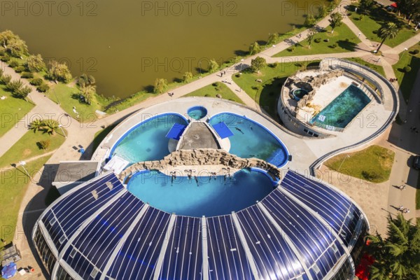 Batumi, Georgia - 7th august, 2025: Aerial view Batumi Georgia dolphinarium with pools beside