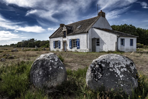 Ancient Stone Field Alignements De Menhir Carnac With Neolithic Megaliths And Old Cottage In