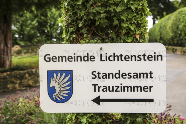 Sign of the municipality of Lichtenstein, coat of arms, registry office wedding room at