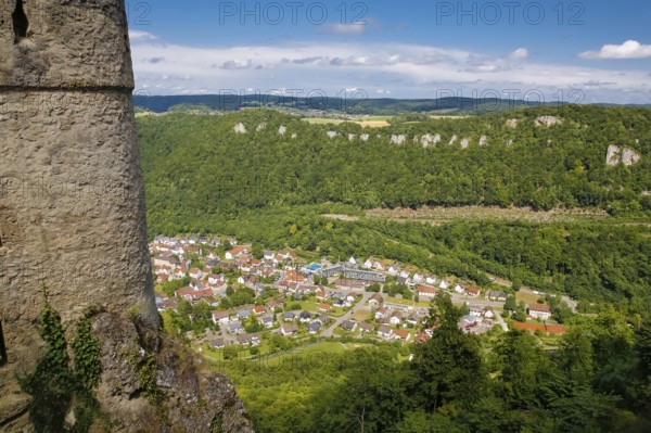 View of Honau from Lichtenstein Castle, fairytale castle of Württemberg, romantic fairytale castle