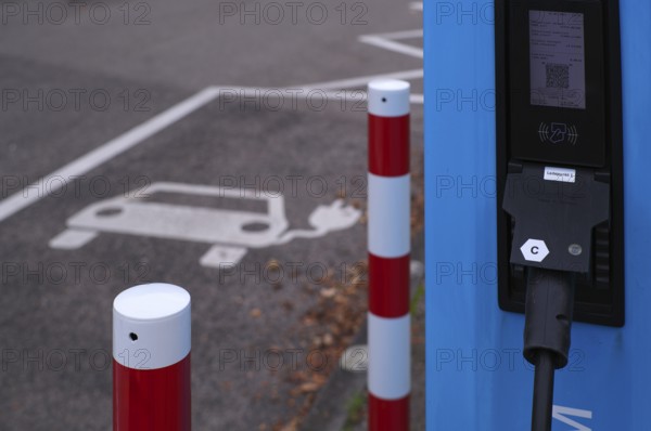Car park with petrol pump, EnBW charging station for electric cars, electric filling station,
