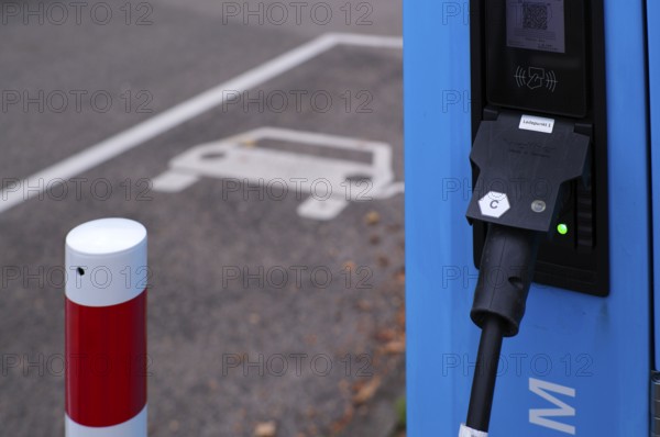 Car park with petrol pump, EnBW charging station for electric cars, electric filling station,