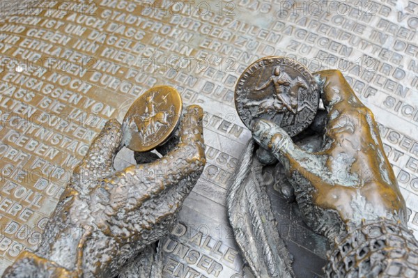 Sculpture, detail with coins, city elevation monument, Burgplatz, Old Town, Düsseldorf, Rhineland,