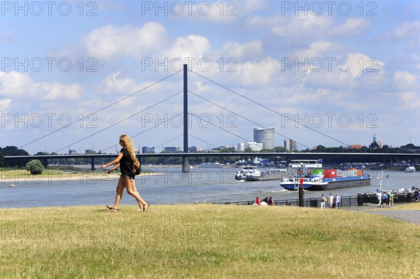Rhine promenade, boat trip on the Rhine, view of Oberkassel bridge, Düsseldorf, Rhineland, North