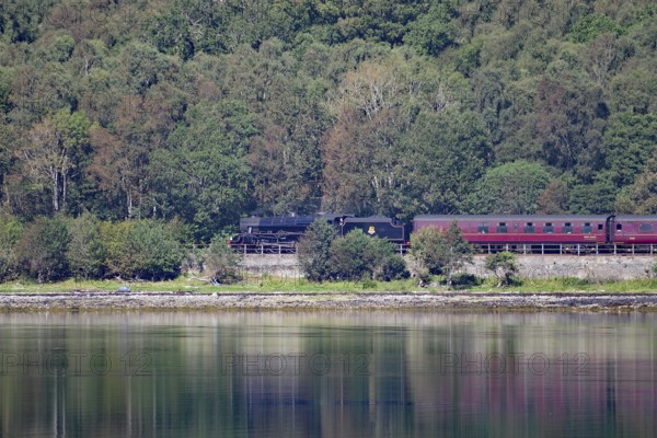 A steam train passes through a wooded area alongside a tranquil body of water, Hogwarts Express,