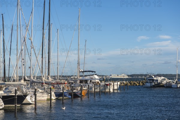 Strande marina near Kiel, Rendsburg-Eckernförde district, AIDA, ship masts, dolphins, Baltic Sea,