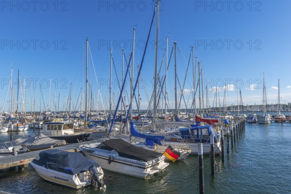 Strande marina near Kiel, Rendsburg-Eckernförde district, ship masts, jetty, dolphins, Baltic Sea,