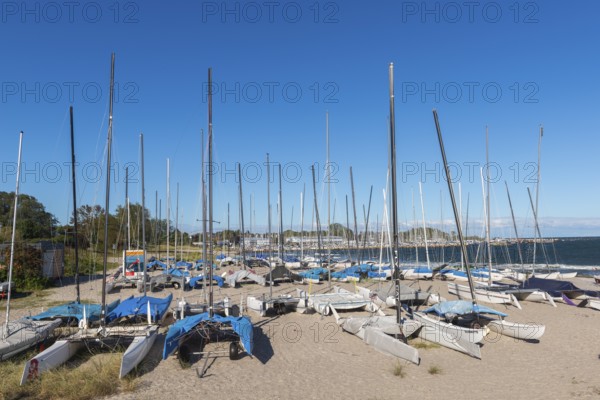 Catamarans on the beach, Strande near Kiel, Rendsburg-Eckernförde district, Baltic Sea, behind the