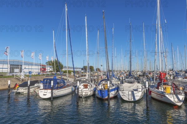 Strande marina near Kiel, Rendsburg-Eckernförde district, ship masts, water reflection, dolphins,