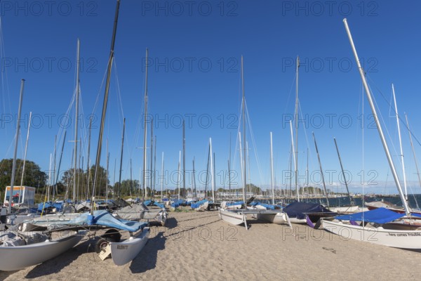 Catamarans on the beach, Strande near Kiel, Rendsburg-Eckernförde district, Baltic Sea, behind the