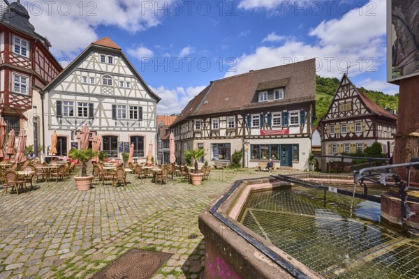 Old town, stone fountain, water, historic half-timbered houses, cobblestone square, outdoor area of