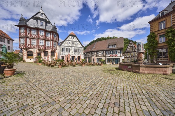 Old town, historic half-timbered houses, fountain, market fountain, cobblestone square, outdoor
