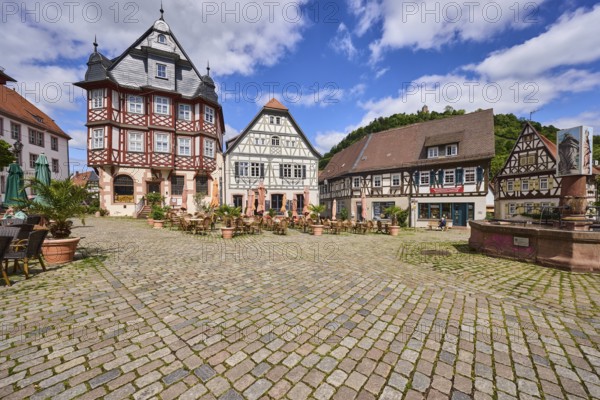 Old town, historic half-timbered houses, fountain, market fountain, cobblestone square, outdoor