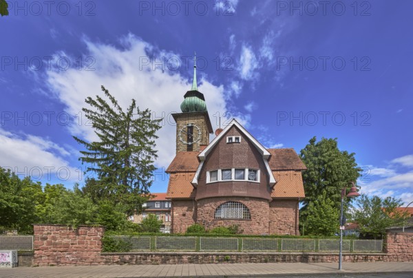 Chapel of St Vincent's Motherhouse, tower, tower clock, trees, blue sky, cumulus clouds,