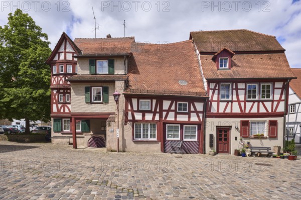 Old town, historic half-timbered houses, building, pointed roof with red roof tiles, tree,