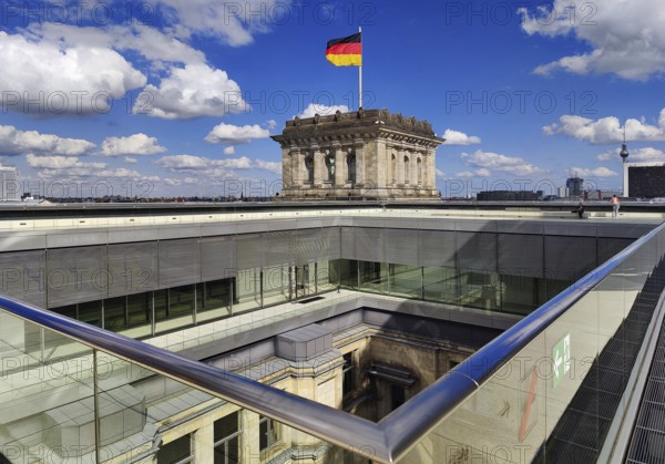 Viewing platform with a German flag in the wind on one of the corner towers and a view of an inner