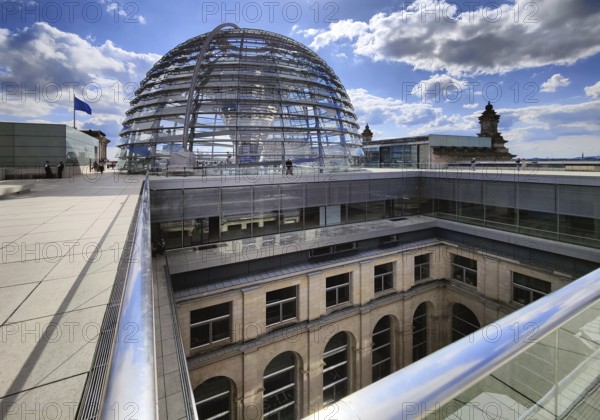 Viewing platform with a view of an inner courtyard and the Reichstag dome, government district,