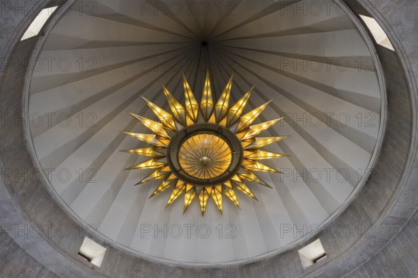 View upwards to a brightly decorated ceiling with a geometric pattern, Yazidi temple, Shekhubekir,
