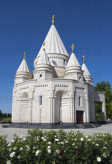 Magnificent temple with white domes surrounded by rose garden, Yazidi temple, Yazidi temple, the