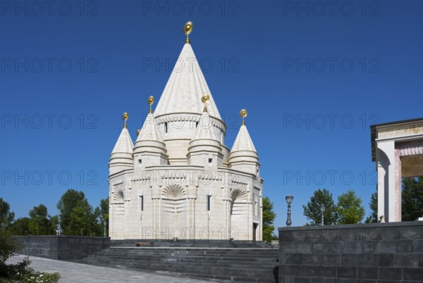 White temple with towers and domes under a clear blue sky, Yazidi temple, Yazidi temple, the