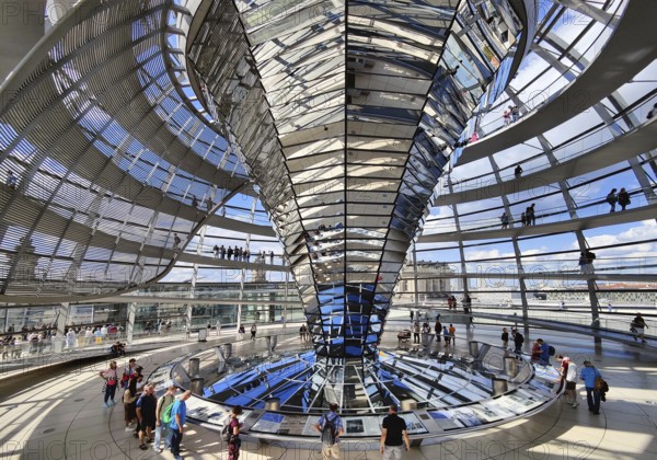 Interior view of the Reichstag dome with the mirror cone and visitors, Reichstag building,
