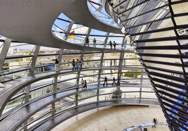 Interior view of the Reichstag dome with mirror cone and visitors, Reichstag building, landmark,