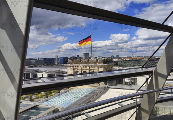 Interior view of the Reichstag dome with a view of a German flag without people, Reichstag
