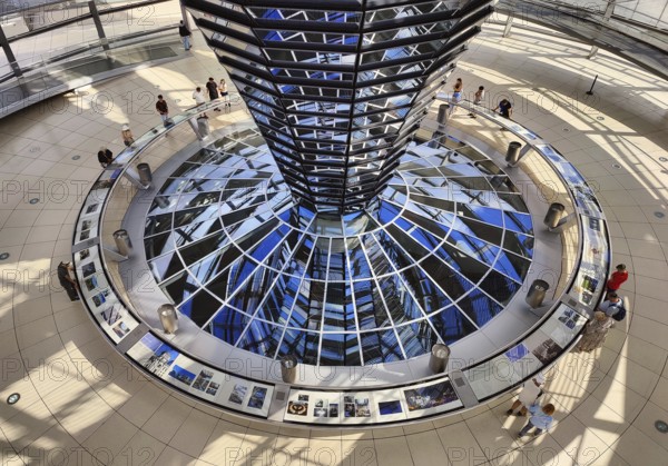 Reichstag dome, interior view from top to bottom of the mirror cone with visitors, Reichstag