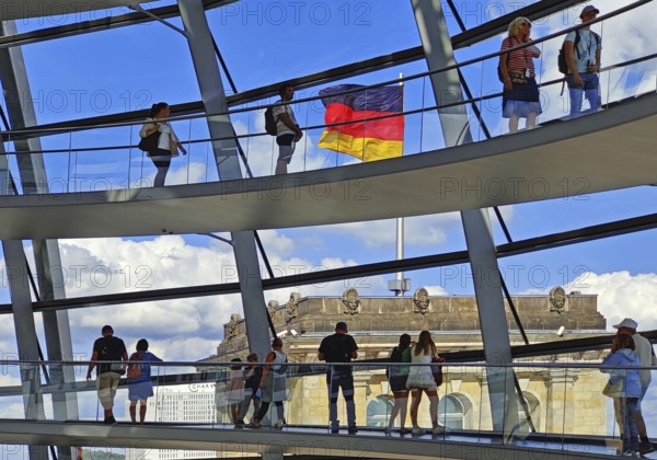 Interior view of the Reichstag dome with visitors on the ramps and the German flag, Reichstag