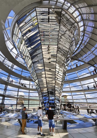 Interior view of the Reichstag dome with the mirror cone and visitors, Reichstag building,