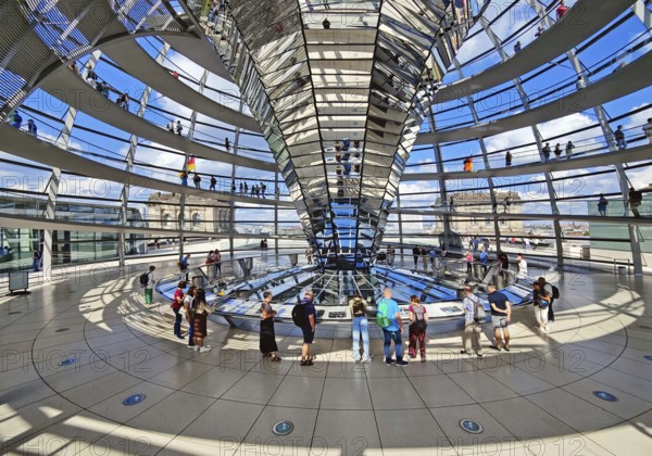 Interior view of the Reichstag dome with the mirror cone and visitors, Reichstag building,