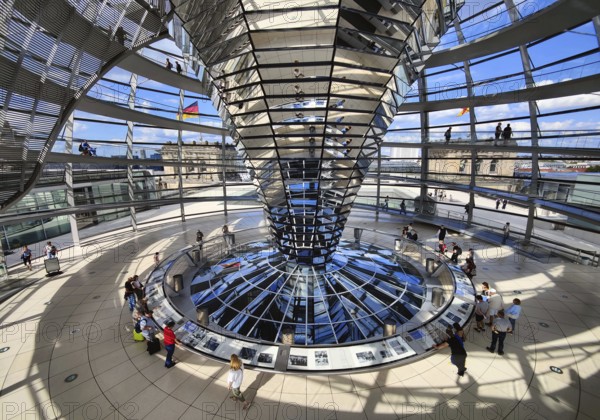 Interior view of the Reichstag dome with the mirror cone and visitors, Reichstag building,