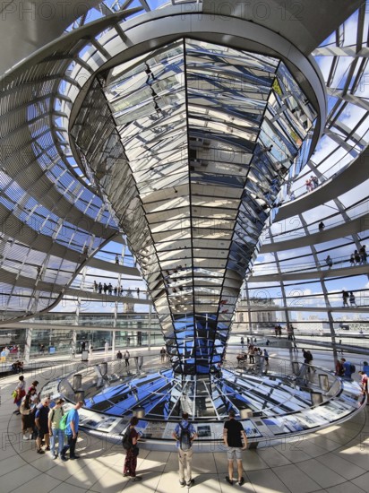 Interior view of the Reichstag dome with the mirror cone and visitors, Reichstag building,
