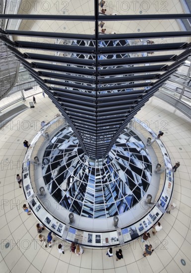 Reichstag dome, interior view from top to bottom of the mirror cone with visitors, Reichstag