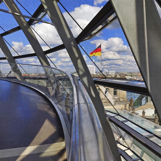Interior view of the Reichstag dome with a view of a German flag without people, Reichstag
