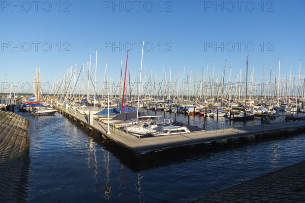 Olympic harbour Schilksee, Olympic Games 1972, sailing yachts at the jetty, ship masts, water