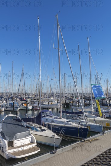 Olympic harbour Schilksee, Olympic Games 1972, sailing yachts at the jetty, flag sailing school,