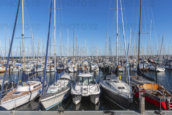 Olympic harbour Schilksee, Olympic Games 1972, sailing yachts at the jetty, ship masts, sunshine,