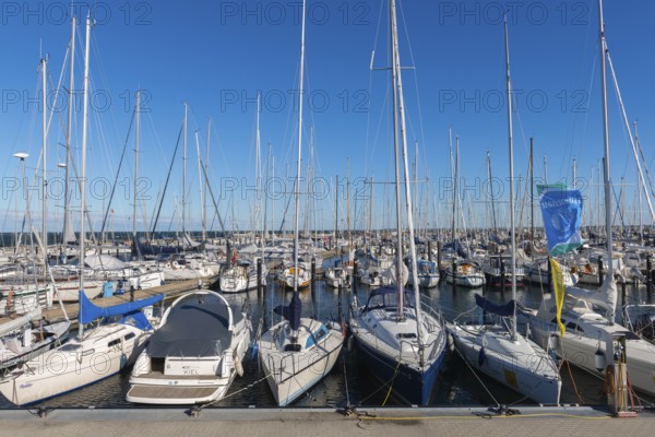 Olympic harbour Schilksee, Olympic Games 1972, sailing yachts at the jetty, flag sailing school,