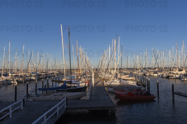 Olympic harbour Schilksee, Olympic Games 1972, sailing yachts at the jetty, ship masts in a row,