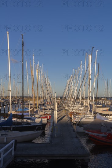 Olympic harbour Schilksee, Olympic Games 1972, sailing yachts at the jetty, ship masts in a row,