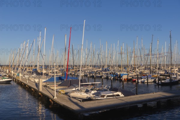 Olympic harbour Schilksee, Olympic Games 1972, sailing yachts at the jetty, ship masts in a row,
