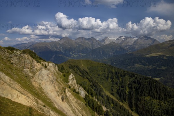 View from Cuolm da Vi to three thousand metre peaks of the Cristallina with Piz Cristallina and Piz