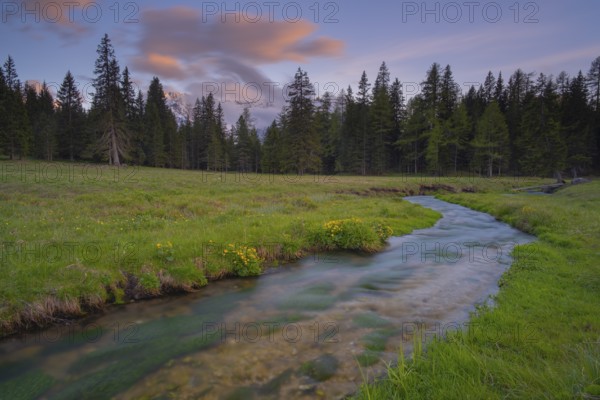 View along the Fiume Ansiei stream over a forest to the Sorapis mountain group in the evening